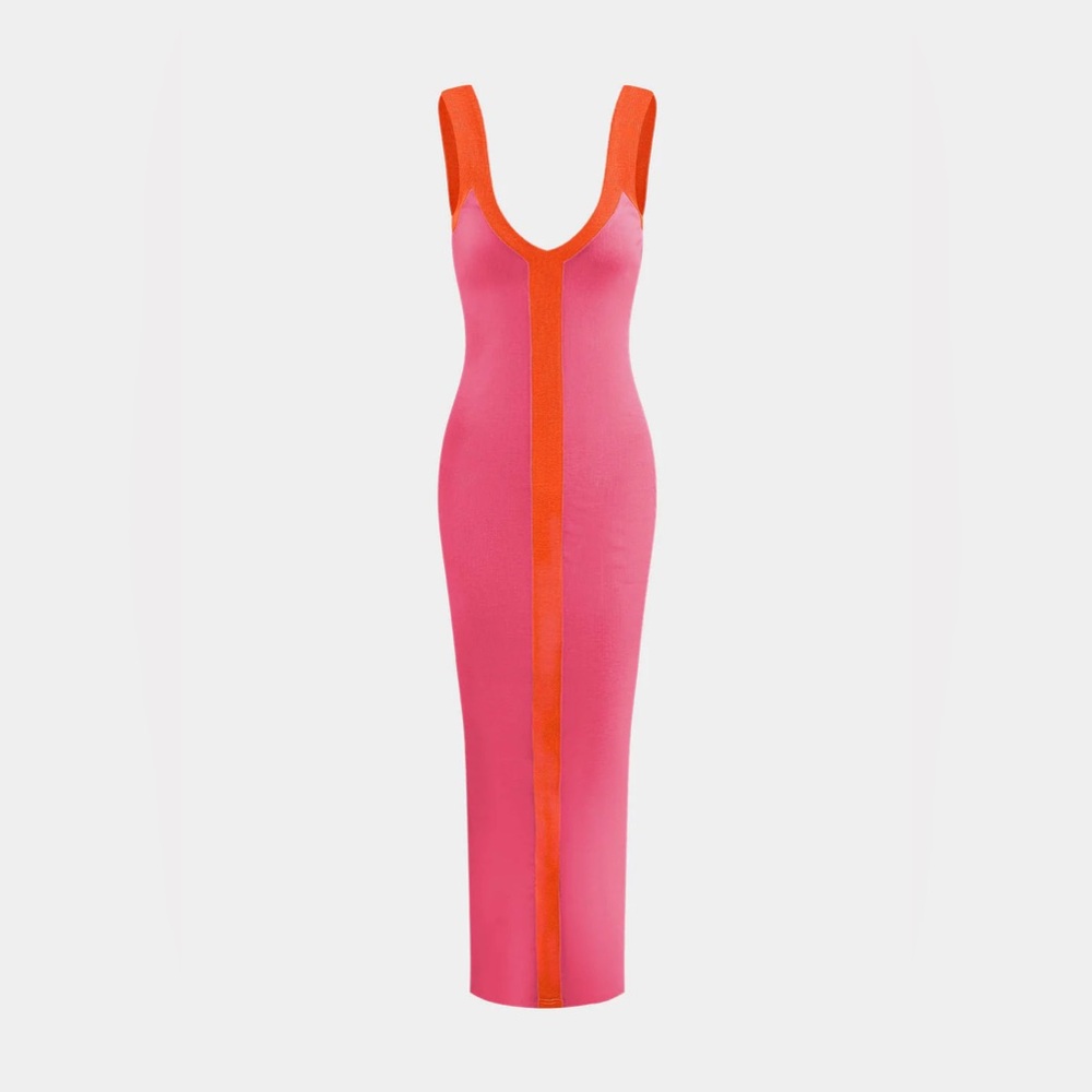 Pink Maxi Bodycon Dress with Orange Center Stripe
